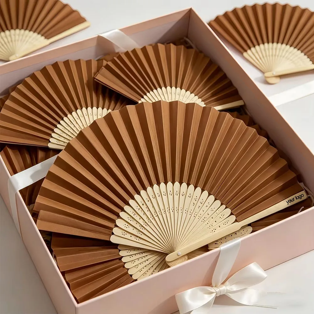 1/5/10/20/30 Brown Paper Folding Fans, Customizable Fan Bones with Engraving of the Text You Provide, Suitable for Wedding Souvenirs, Bridal Gifts, Party Decorations - Elegant Single-Color Hand Fans for Birthdays, Ceremonies, Baptisms - Welcome to Order, Suitable for Home and Event Use