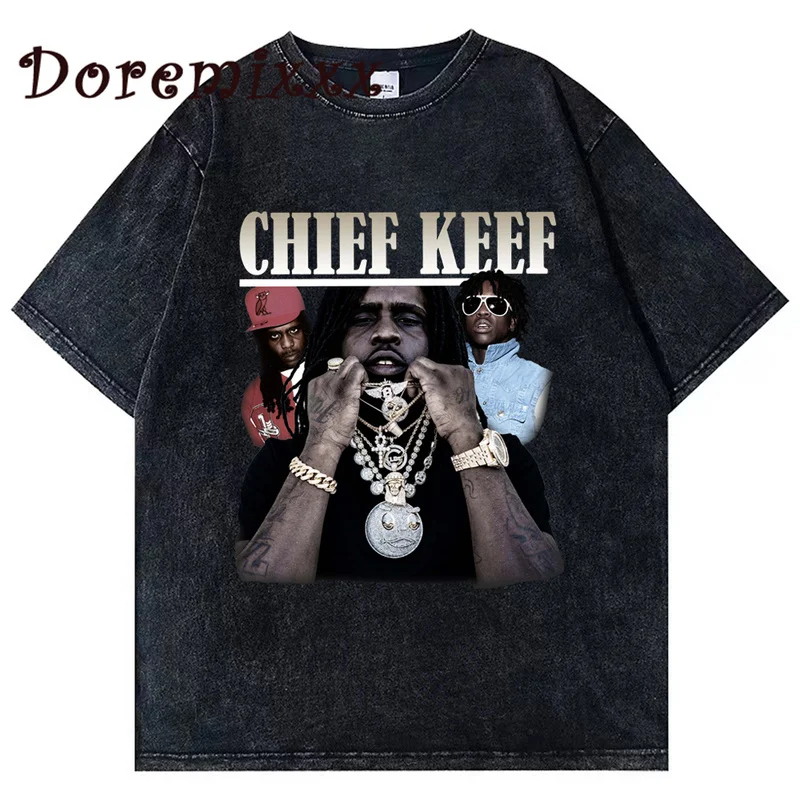 

CHIEF KEEF Graphic Washed Tshirt Men's Hip Hop T-shirt Vintage Cotton Men Short Sleeve T Shirt 90s Unisex Streetwear Womens Tops