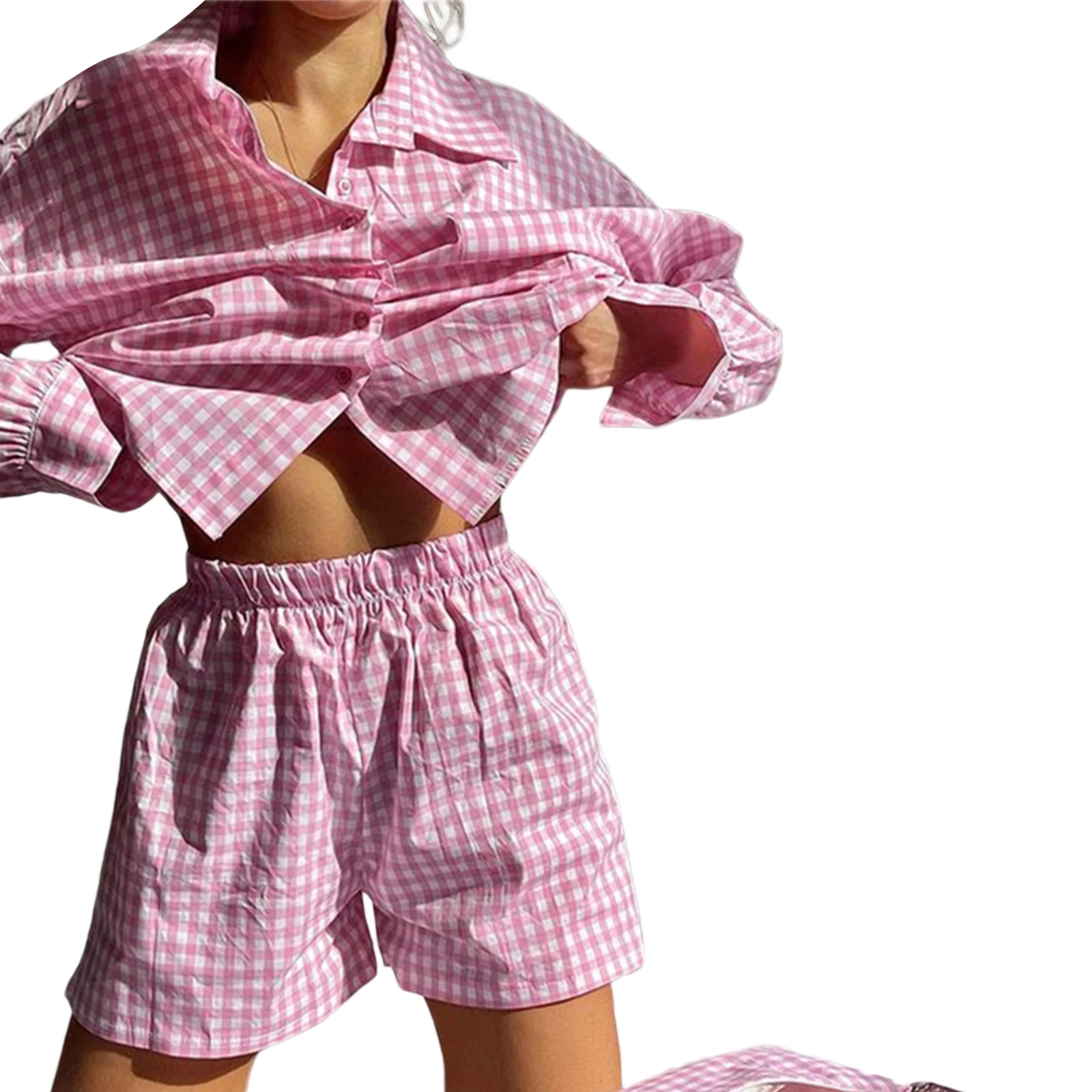 Girl'S Pink Checkered 2-Piece Y2K Casual Set  Women'S Striped/Checkered Collar Long Sleeve Shirt+Summer Loose Shorts  S/M/L/XL