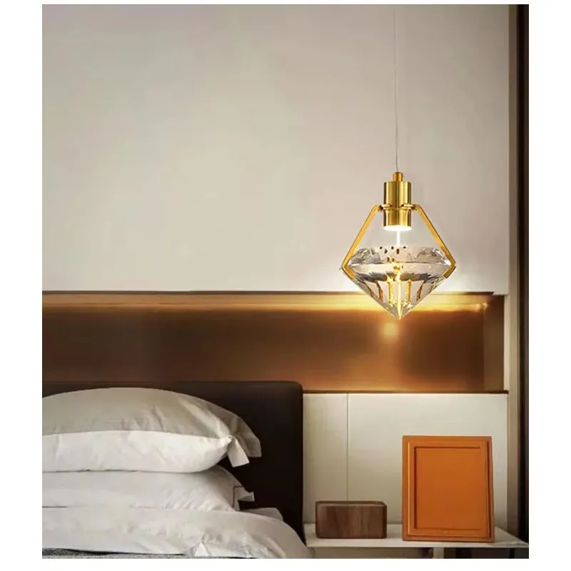 Full copper light luxury crystal single and double head bar desk lamp, modern and simple diamond bedroom decoration pendant lamp