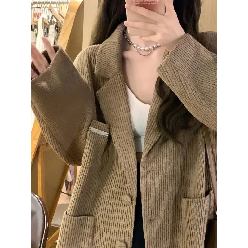 Insozkdg Autumn Winter Women's Suit Japanese Vintage Corduroy Small Jacket Loose Casual Solid Thickened Office Lady Blazer Tops