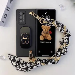 Fashion Bear Stand Holder Case For Samsung Galaxy Z Fold 7 6 5 4 3 2 5G Black Cover With Houndstooth Hand Chain Of Silk Scarve