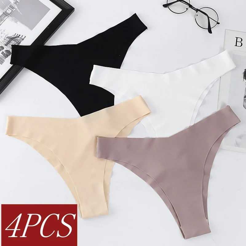 4Pcs/Set Seamless Panties Women Low Rise V-Shaped Briefs Ice Silky Quick-Drying Sport Female Underpants Underwear