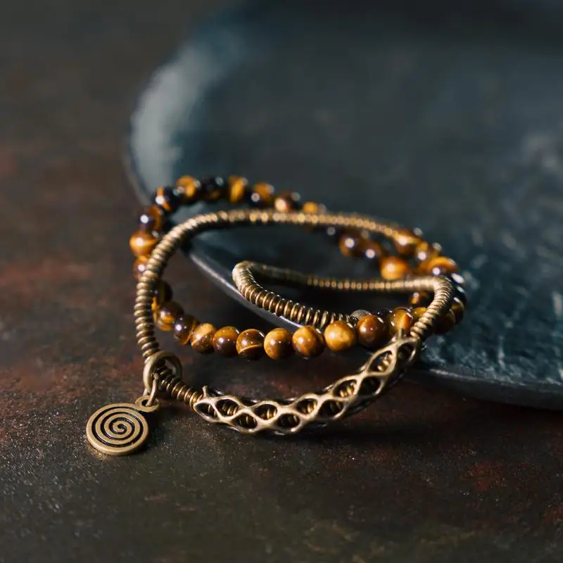 

Винтажный нишевый браслет с тигровым глазом и несколькими кругами из бисера, мужские медные украшения ручной работы, смешанные и подходящие женские семейные украшения