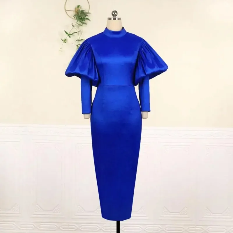 Elegant Women Maxi Dress Long Sleeve Satin Silk Sundress 2025 Autumn Stand Collar Solid Color Casual Loose Vestidos Robe