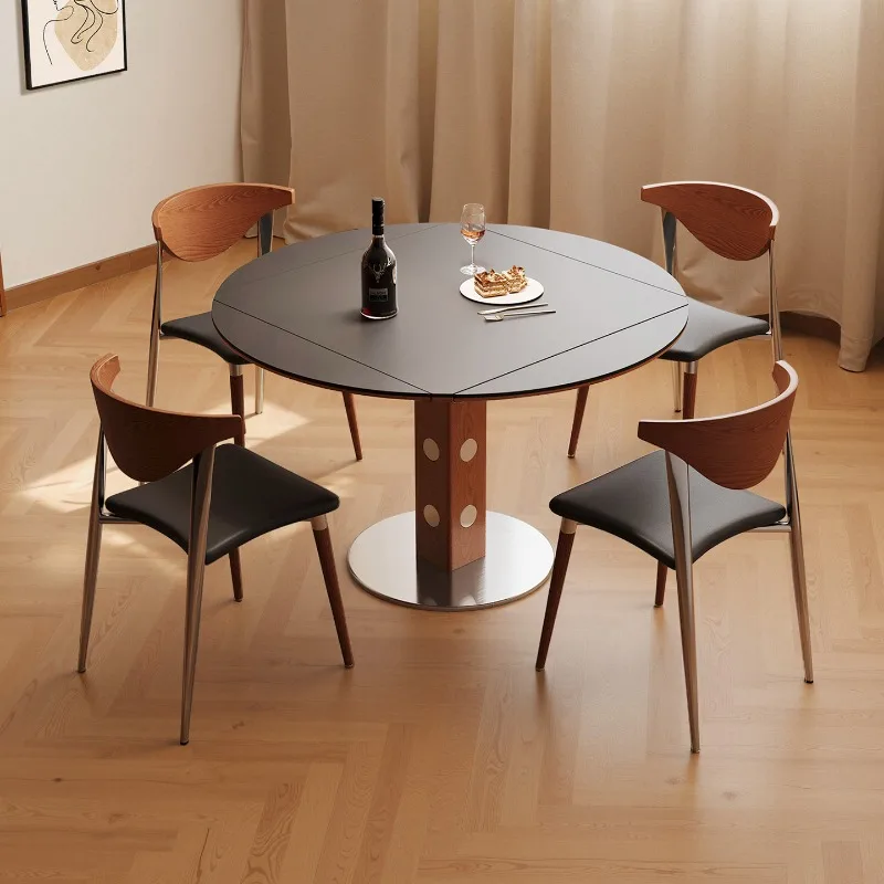 

Four-sided stacked solid wood rock slab dining table variable round table medium antique small apartment household dining table