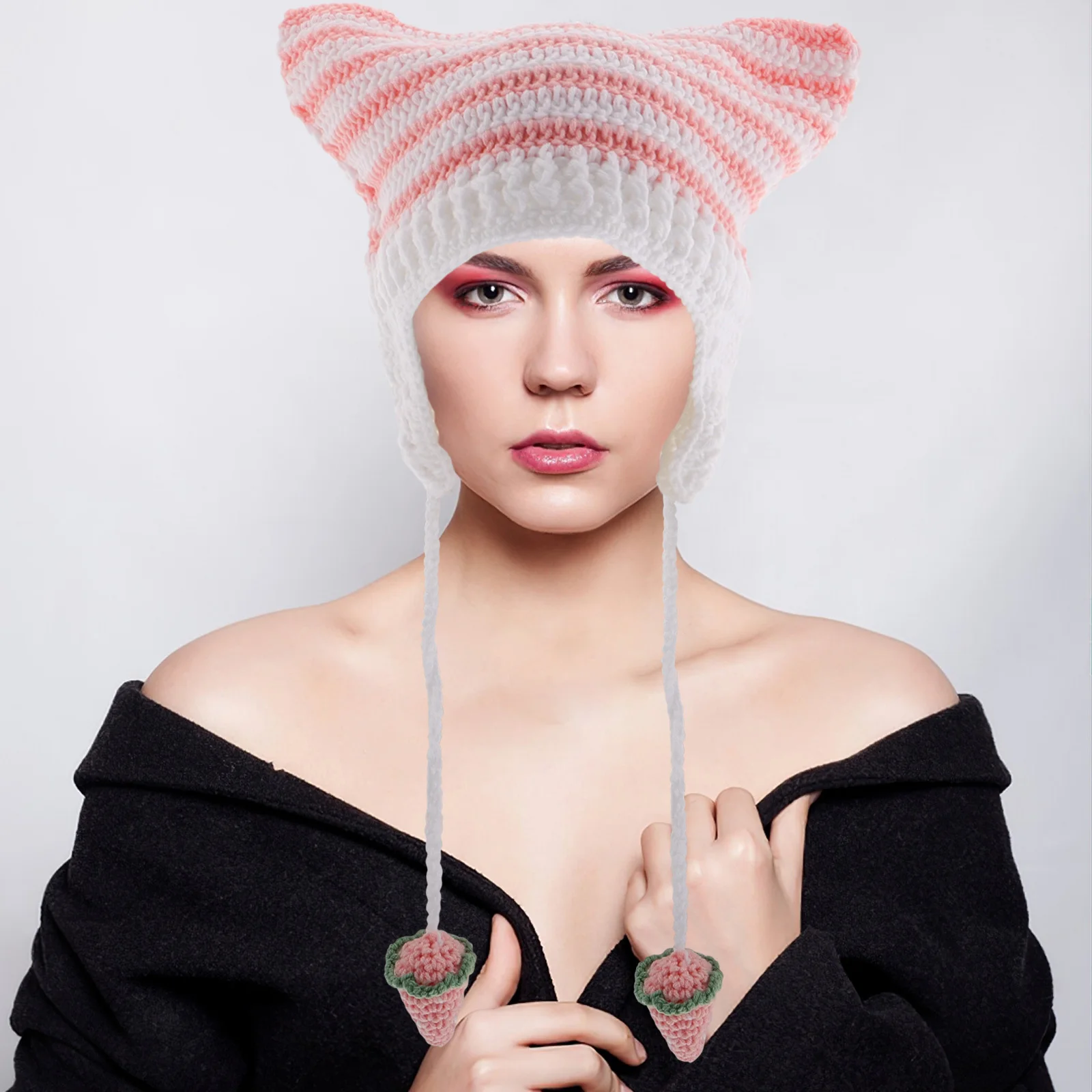 

Cat Ear Knitted Beanie Striped Design Soft Warm Earflap Hat For Winter Cold Weather Women Students Knit Cap Earmuff Style