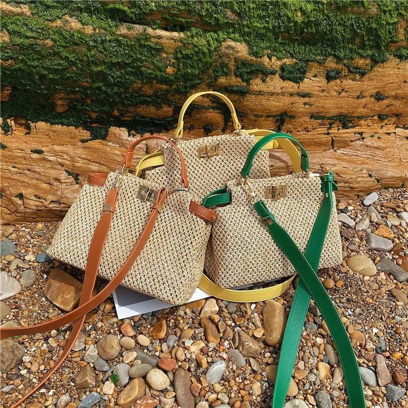 

Crossbody bag for women Bohemian beach bag High quality woven straw bag Fashion clip on purple shoulder bag Cute handbag