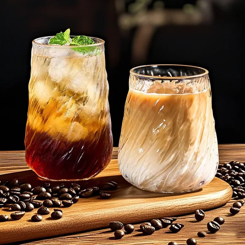 Vertical Striped Glass Coffee Cup, Large Capacity Spiral Cup, Iced Latte & Americano Glass Mug