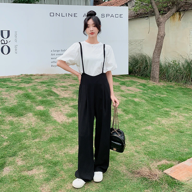 Imagem -06 - Moda Feminina Coreano Dois Conjuntos de Peças Preto Cinta Calças e Branco Puff Manga Superior 2023 Verão Elegante Solto Perna Larga Macacão 7993