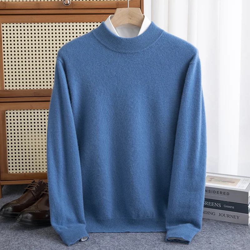 New Fashion Men\'s 100% Wool Pullover Half-high Collar Sweater Autumn Winter Warm Solid Color Knit Sweater Business Casual Top