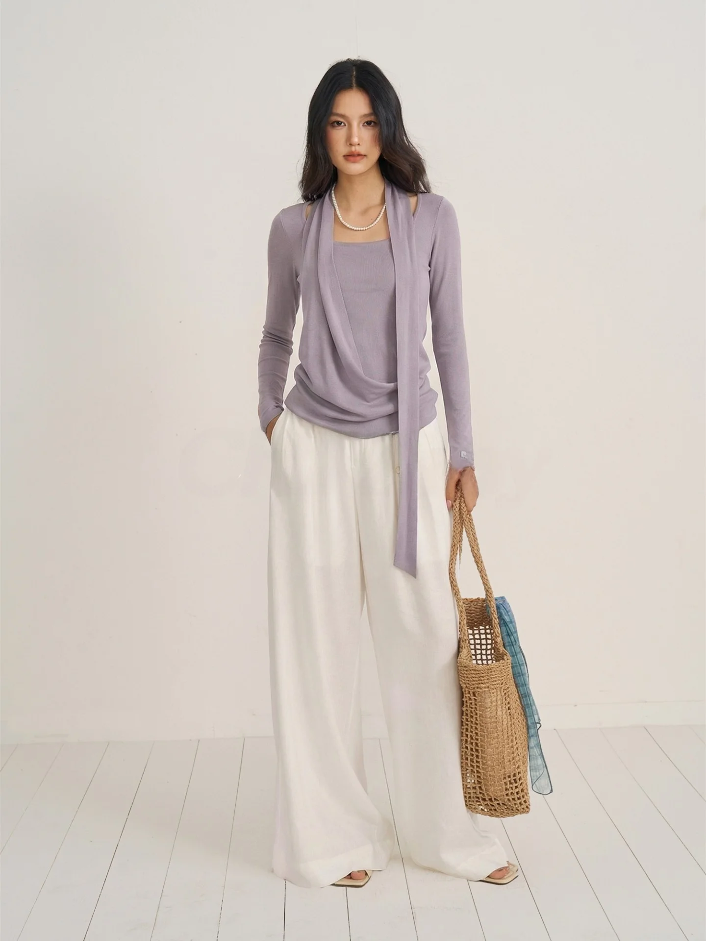 

CHILL ZOEY Women's Long Sve Knitted T-irt Ne Hanging Design Casual Sle Soft Polyester Fiber Low round Ne Top