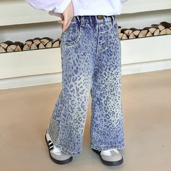 Girls' Leopard Print Jeans 2025 Autumn Spring Little Girl Loose Straight Trousers Children Elastic Waist Casual Denim Pants 3