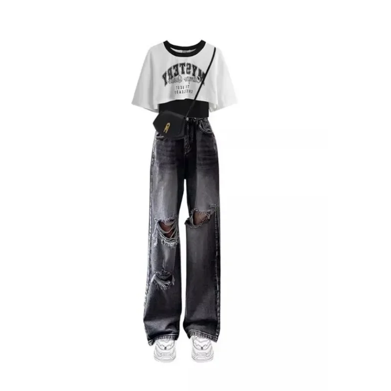 2024 Summer New Denim Pants Matching Set Women Loose Short Sleeved T-shirt+Vest+Hole Jeans Three Piece Feamle Chic Clothing Suit