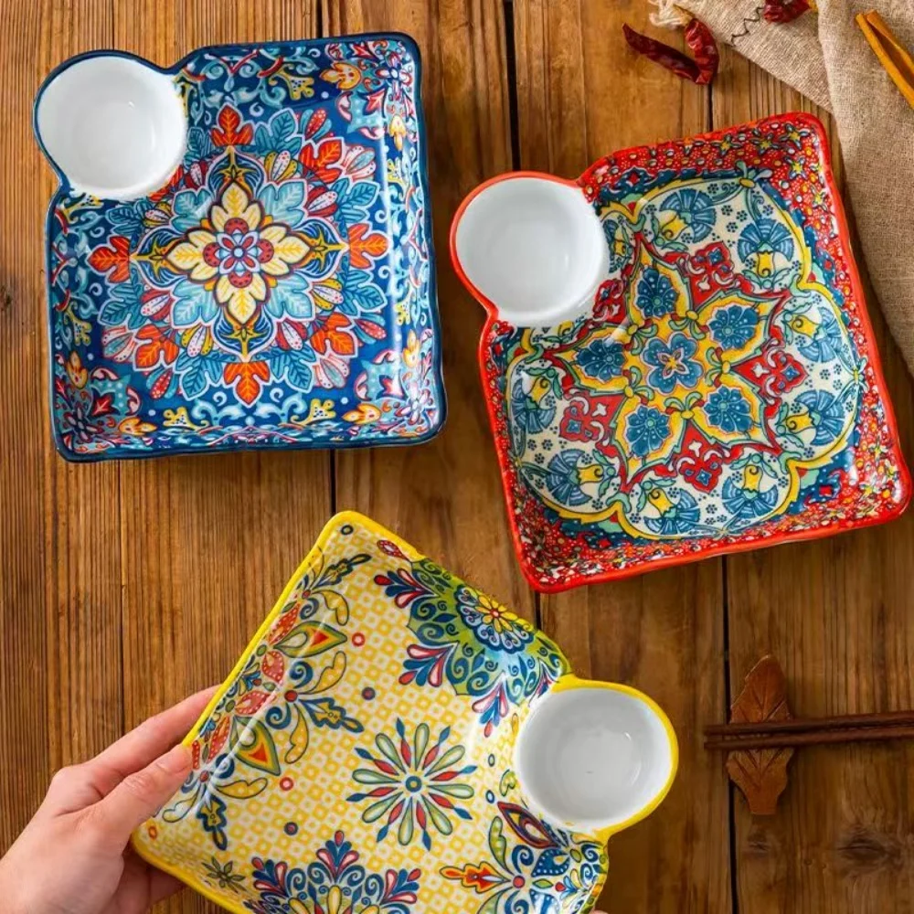 Bohemian dumpling plate with vinegar dish, household ceramic plate, segmented breakfast plate, high-end dumpling-specific plate view 3