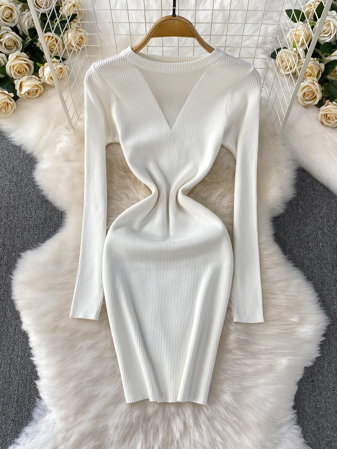 Sexy V-ne Long Sve Knitted Dr Women's Winter Slim Fit Bodycon Mid-length Dr Korean Sle High Waist Pure Color