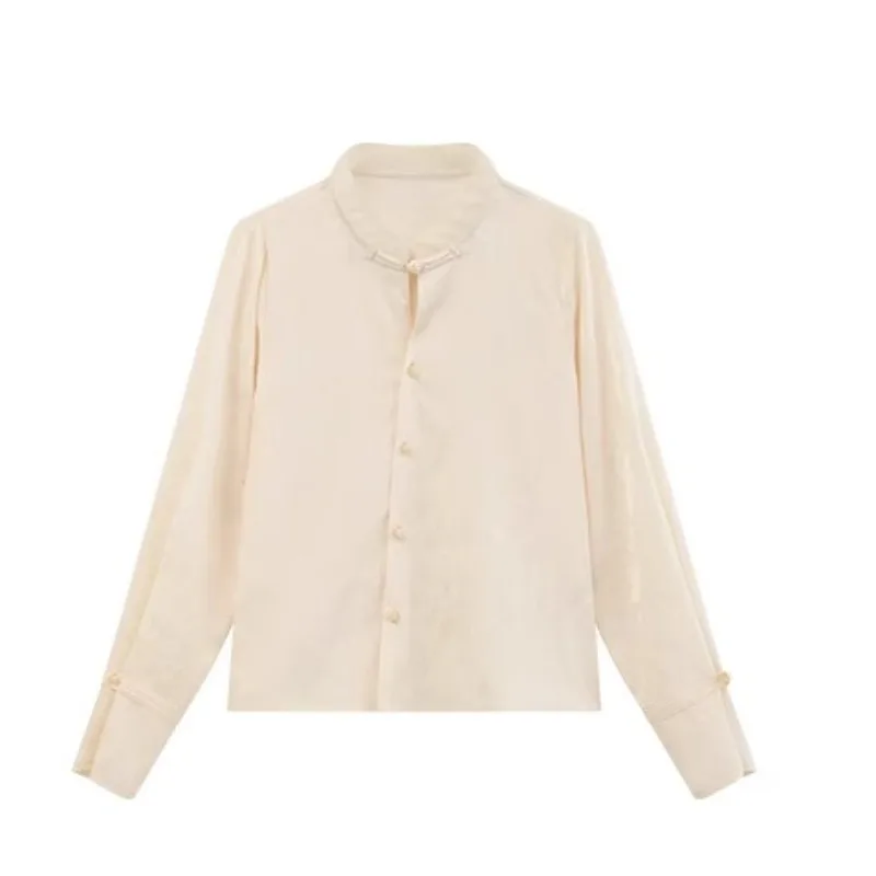 エレガントなジャカード織りスタンドカラーシャツ レディース 長袖 中華風ブラウス ボタン飾り付き ヴィンテージ風トップス 春服