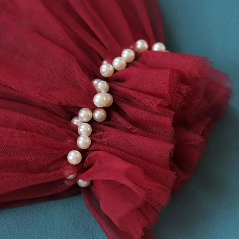 Delicate Pearls Bridal Gloves Tulle Arm Sleeves for Wedding Bride Comfortable Red Pearls Accessories Ceremony Wear 6XDA