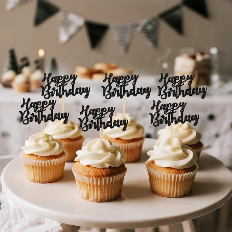 YOMDID 24 Stück glitzernde Cupcake-Topper zum Geburtstag, Kuchen-Picks zum Feiern, Geburtstag, Kuchendekoration, Party-Dekoration, Zubehör – Detail 10