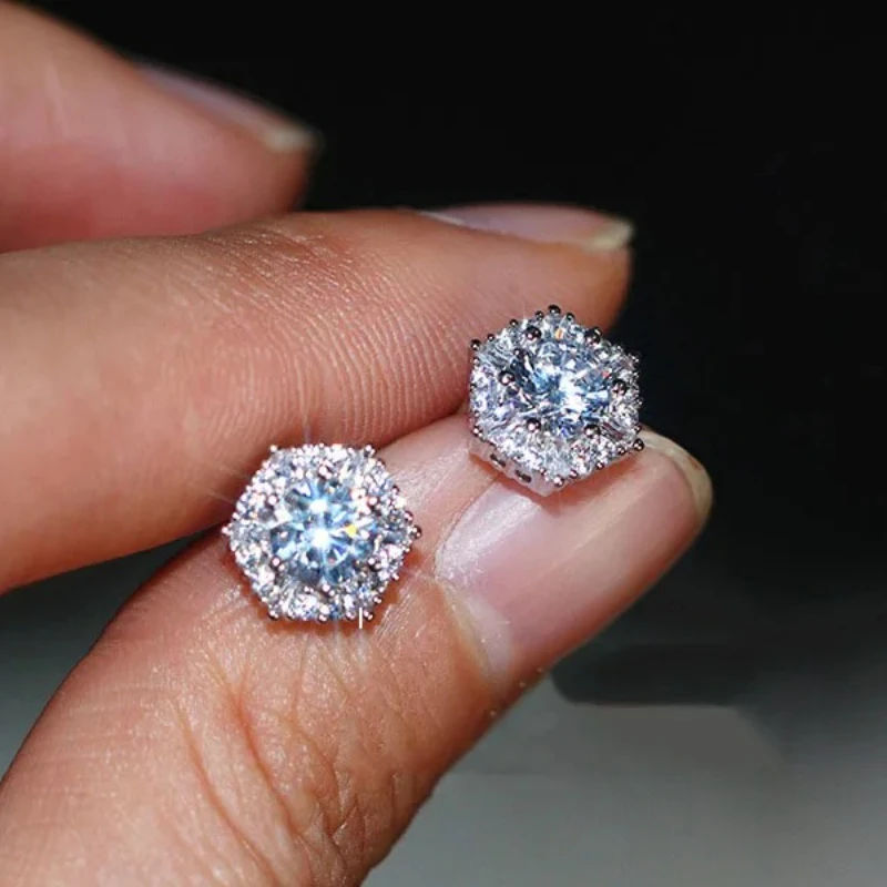 Luxury Pure 925 Sterling Silver Sparking Square Cut AAA Zircon Crystal Stud Earrings Statement Party Wedding Bridal Jewelry