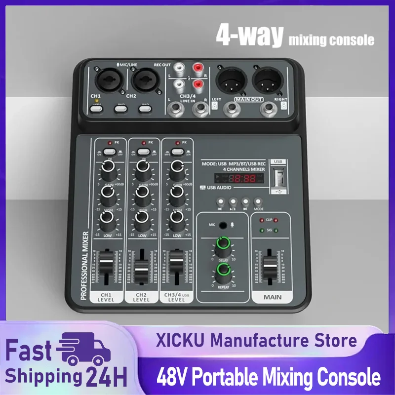 

Профессиональный аудиомикшер, 4-канальный аудиомикшер, 48 В, фантомное питание, USB-студийные звуковые микшеры, Bluetooth DJ, консольный микшер для караоке