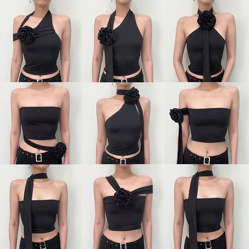 Summer Black Sexy Tank Tops For Women New Solid Appliques Sleeveless Backless Streetwear Crop Top Fashion Casual Camisole Female