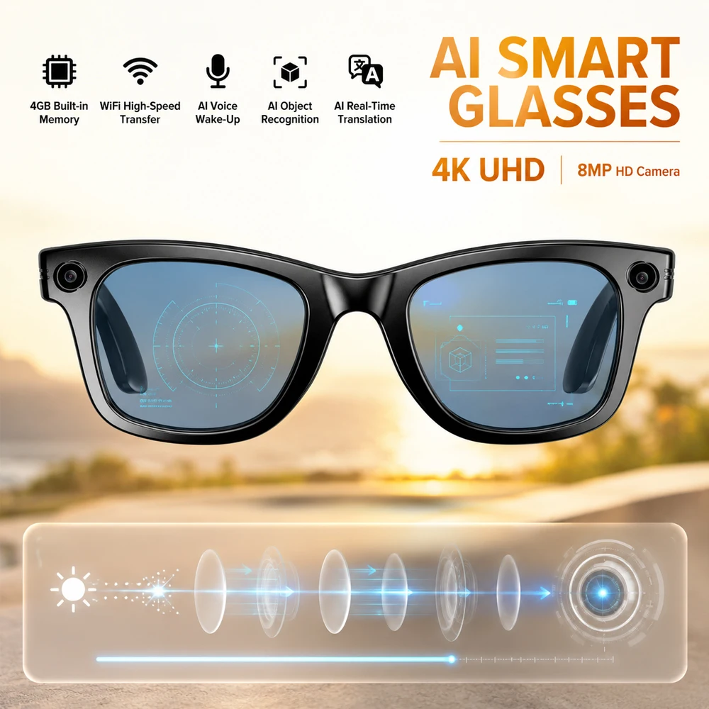 4K UHD AI Smart Glasses with 8MP Camera Video Recording 100+ Languages Translation Sunglasses Bluetooth Call WIFI Men Women 2026