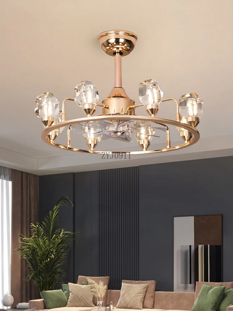 Luxury crystal living room invisible fan light frequency conversion dining room European silent light luxury ceiling fan light