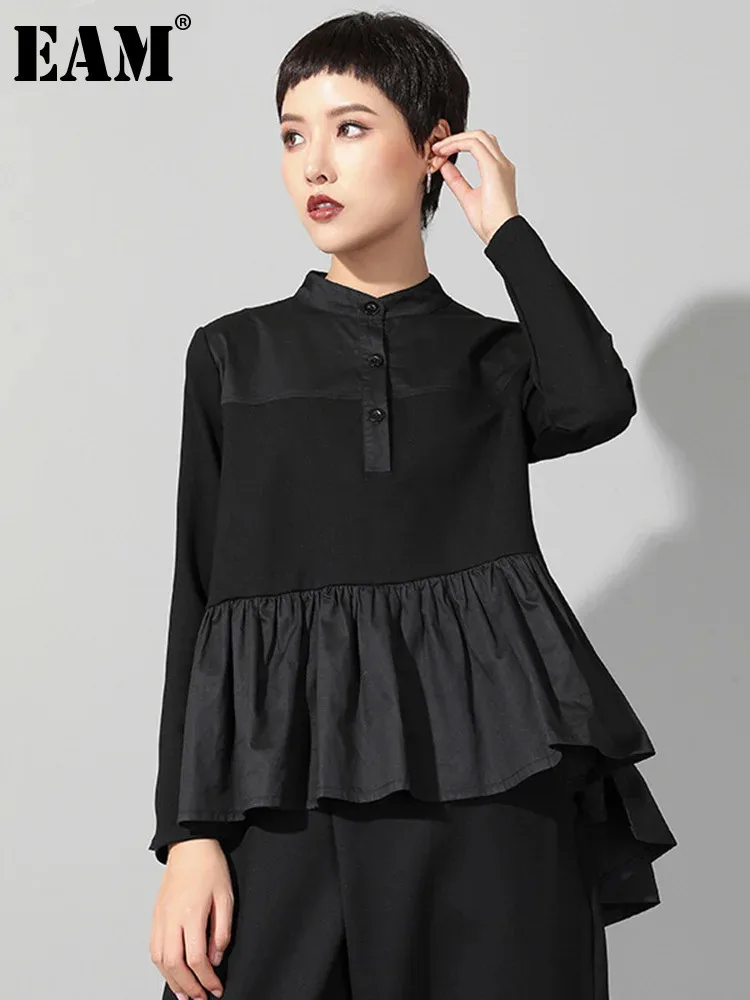 [EAM] 2024 New Spring Autumn Stand Collar Long Sleeve Black Loose Hem Pleated Stitch Irregular T-shirt Women Fashion Tide JQ016