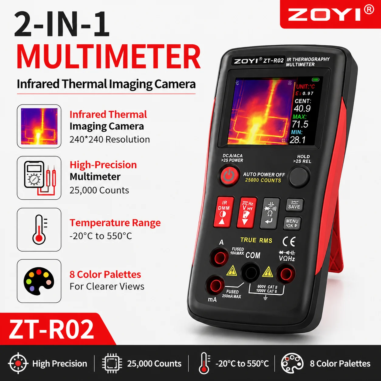 ZOYI New ZT-R02 240x240 Thermal Imager Multimeter 25000 Counts Multifunction for Home Appliance Repair