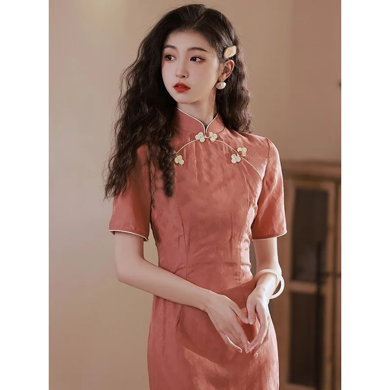 فستان تشيباو طويل أحمر للنساء، تصميم صيفي جديد أنيق وعصري، فستان رقيق عالي الجودة من ألياف البوليستر 00٪، بأسلوب عتيق جمالي #2