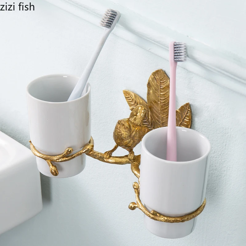 Wall Mounted Toothbrush Holder Mouthwash Cup Holder Bathroom Supplies Couple Wash Cup Holders Brass Storage Rack Toiletry