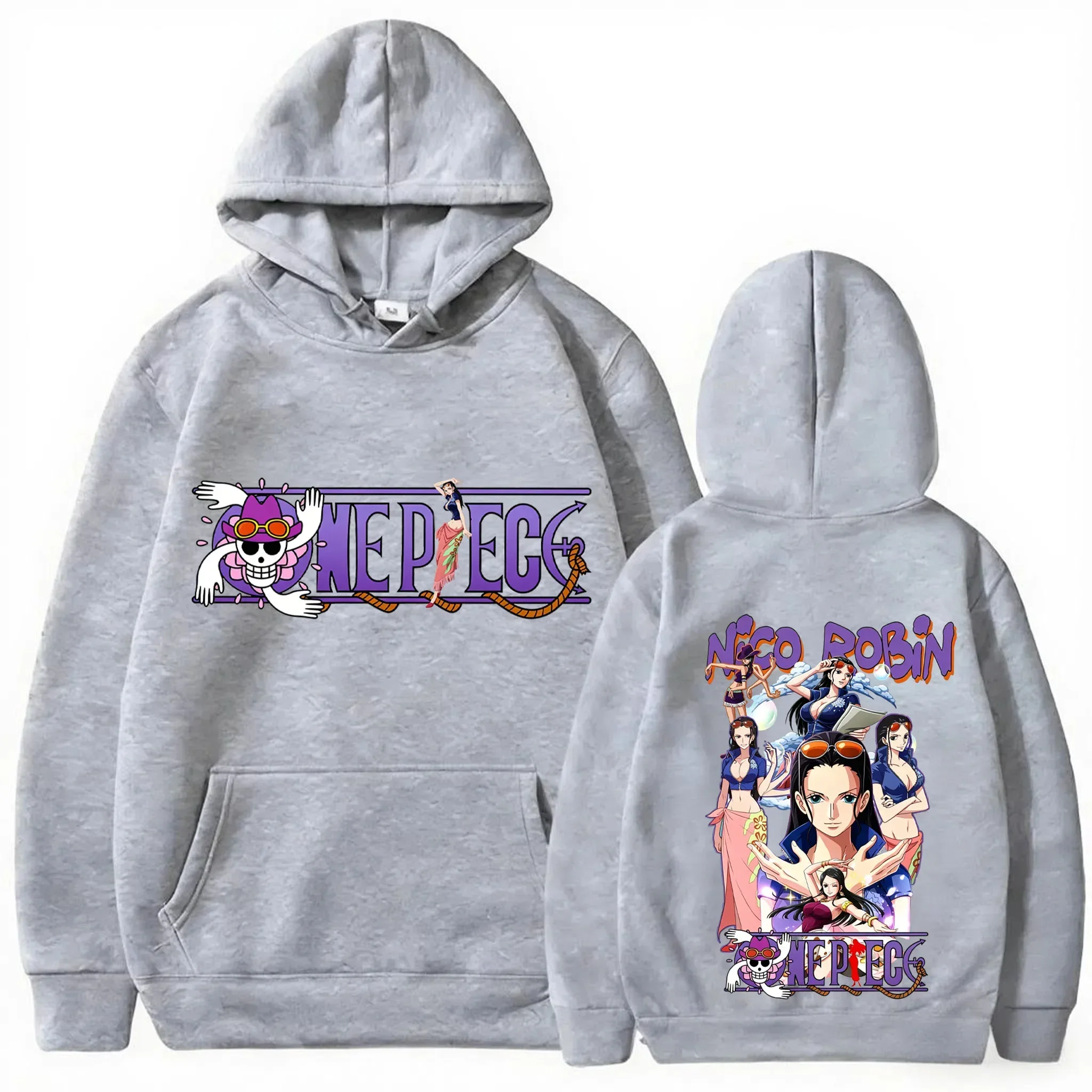 One Piece Nico Robin Cartoon Front & Back Print Hoodie Unisex Anime Streetwear Casual Long Sleeve Pullover Sweatshirt
