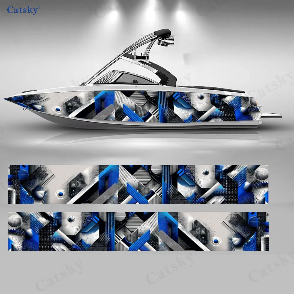 

2 шт. сине-серебристых 3D-наклеек с геометрическим узором для лодок, водонепроницаемые виниловые наклейки из ПВХ для рыболовных судов, прочный и стильный дизайн