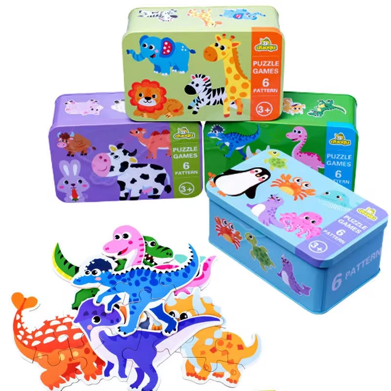 Baby Puzzle Montessori Educational Toys Wood Puzzle Games Iron Box Children Animal Wooden Puzzles For Kids 2 3 4 Year