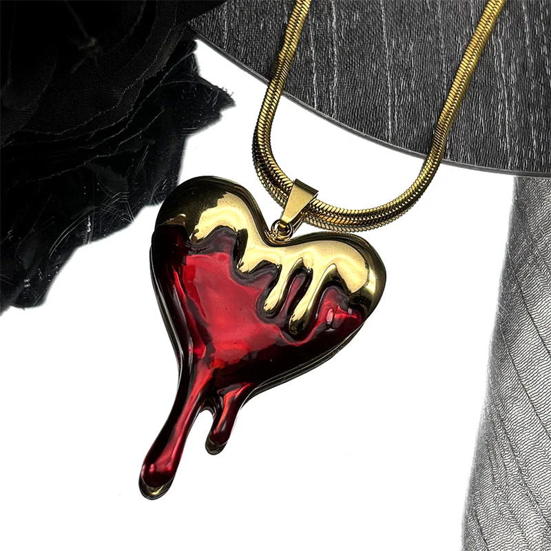 

Gothic Heart Shaped Red Enamel Blood Pendant Necklace for Women Stainless Steel Gold Color Chain Necklaces Party Jewelry Gifts