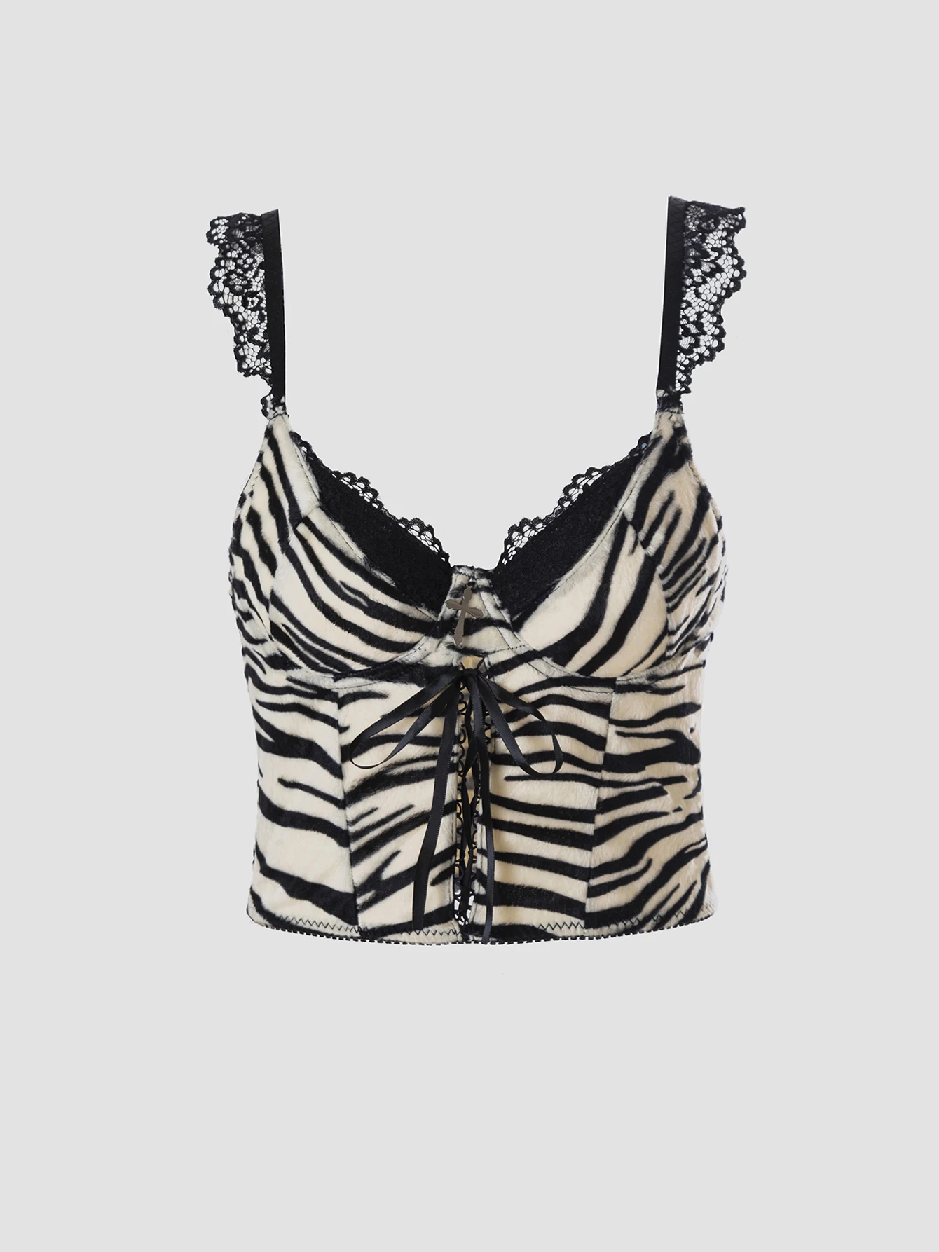 Gothic Zebra Stripe Lace Crop Top Cross Strap Waist-Cinching Short Vest Spicy Sexy Upper Apparel for Trendy Women