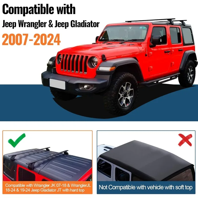 قضبان متقاطعة لرف السقف بوزن 200 رطل متوافقة مع JK JL Gladiator JT 2007-2024 مع قفل معدني مضاد للسرقة