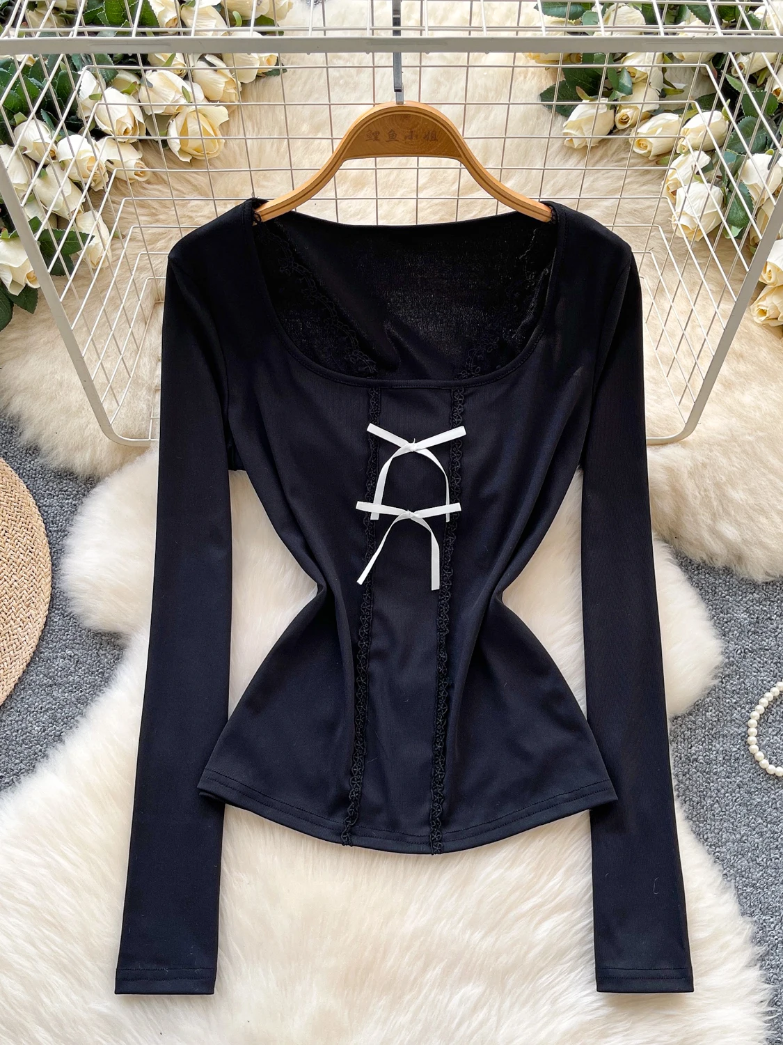 

Женская черная готическая футболка Y2k 2000-х годов в стиле эмо, кружевная лоскутная футболка с бантом, винтажная футболка в стиле Харадзюку Gyaru, футболки с длинными рукавами, одежда на осень