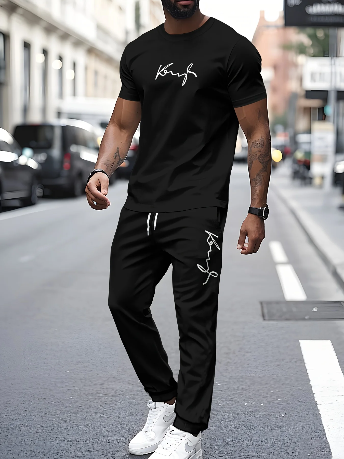 

Men's Fashion Minimalist 2-Piece Set Cotton Crew Neck T-Shirt & Pants with Trendy Letter Print Comfortable Soft Fabric Various
