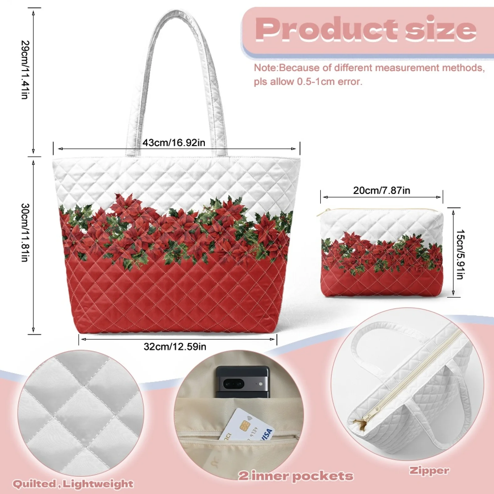 Coloranimal Red Poinsettia Print Set 2 Piece Quilted Tote Bag with Cosmetic Pouch Spacious Tote Bag with Matching Wallet