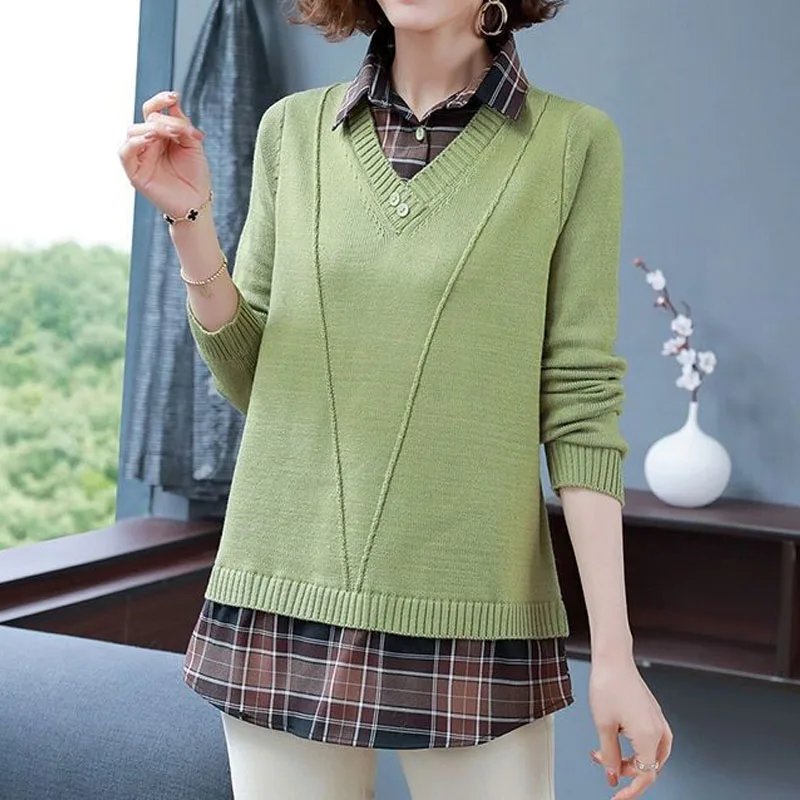 2023 All-match Female Plaid Spliced Fashion Sweaters Elegant Casual Fake Two Pieces Knitted Tops Spring Autumn Women\'s Clothing