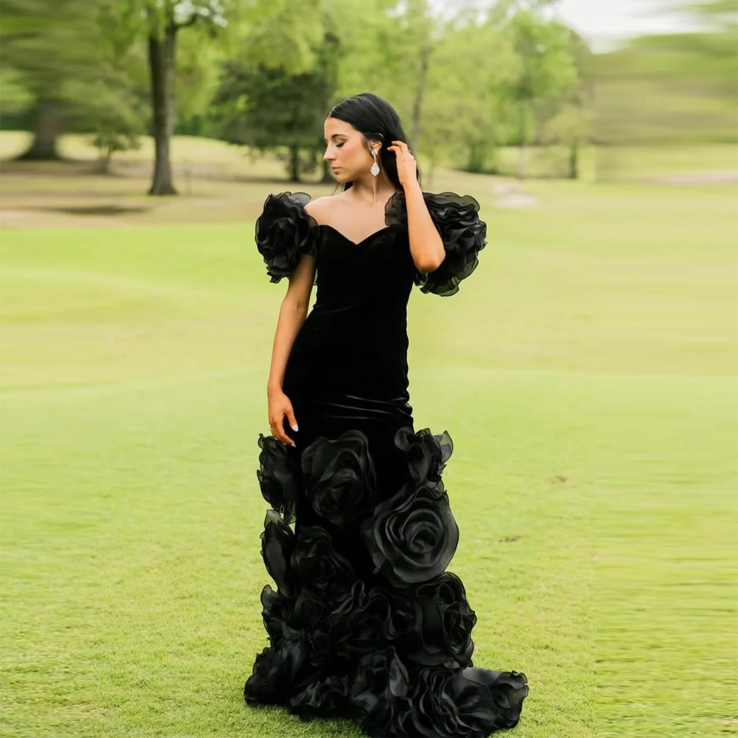 

Черные вечерние платья-русалки с V-образным вырезом, открытыми плечами, рюшами и 3D цветами ручной работы для женщин, для торжественных мероприятий