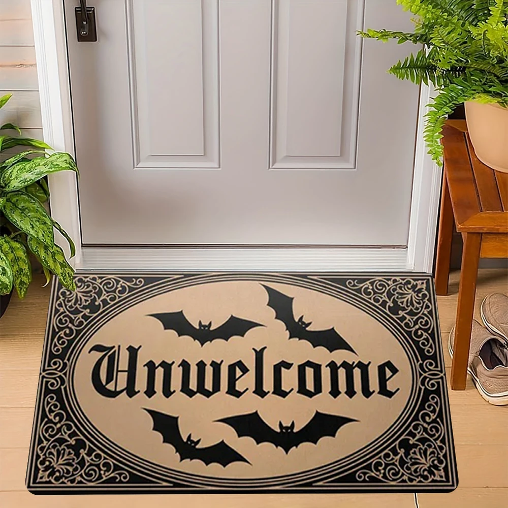 Hallowmas "UNWELCOME" الخفافيش القوطية نمط ترحيب البساط ممسحة غرفة المعيشة غرفة نوم مدخل باب الكلمة حصيرة المدخل الفناء الخلفي FootMat