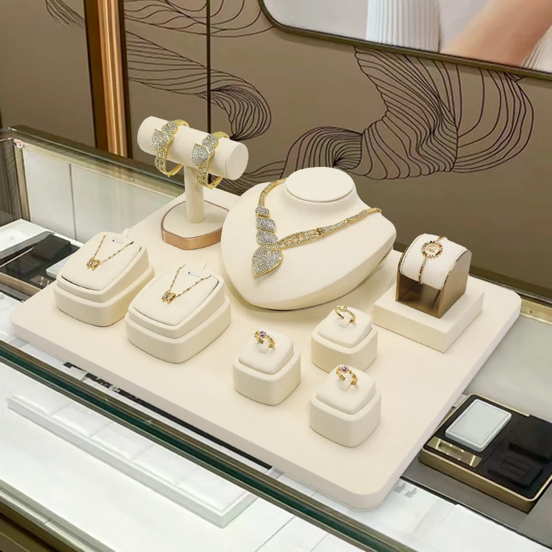 쥬얼리 카운터 귀걸이 반지 진열대 베이지색 쥬얼리 진열 소품 (금속 받침대 포함) 귀걸이 목걸이 정리함