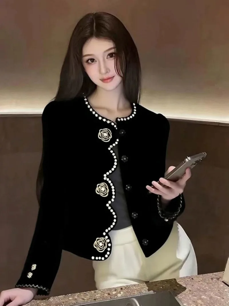 Female Important Occasion Beautiful Great Look Premium French Short Top 2026 Winter Women Black Xiaoxiangfeng Flower Jacket