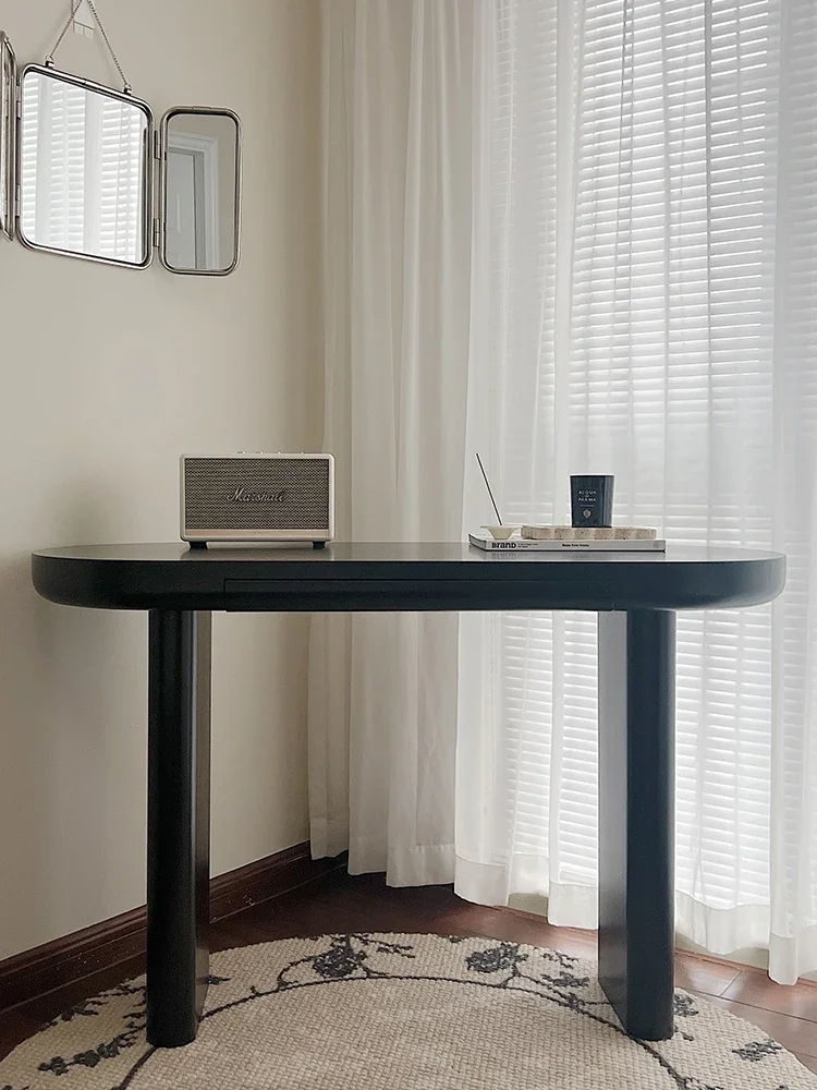 Study, desk, living room, minimalist computer writing and black retro home