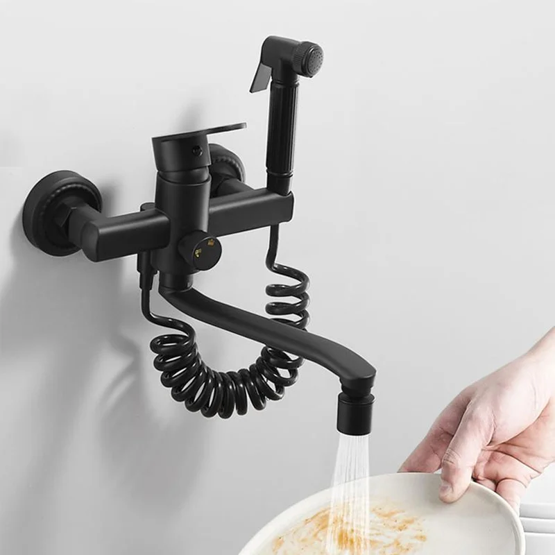 Imagem -05 - Torneira de Cozinha Becola-black de Dois Buracos Pia Mop Lavatório Pia de Lavanderia Varanda na Parede Torneira de Água Quente e Fria com Pistola de Pulverização
