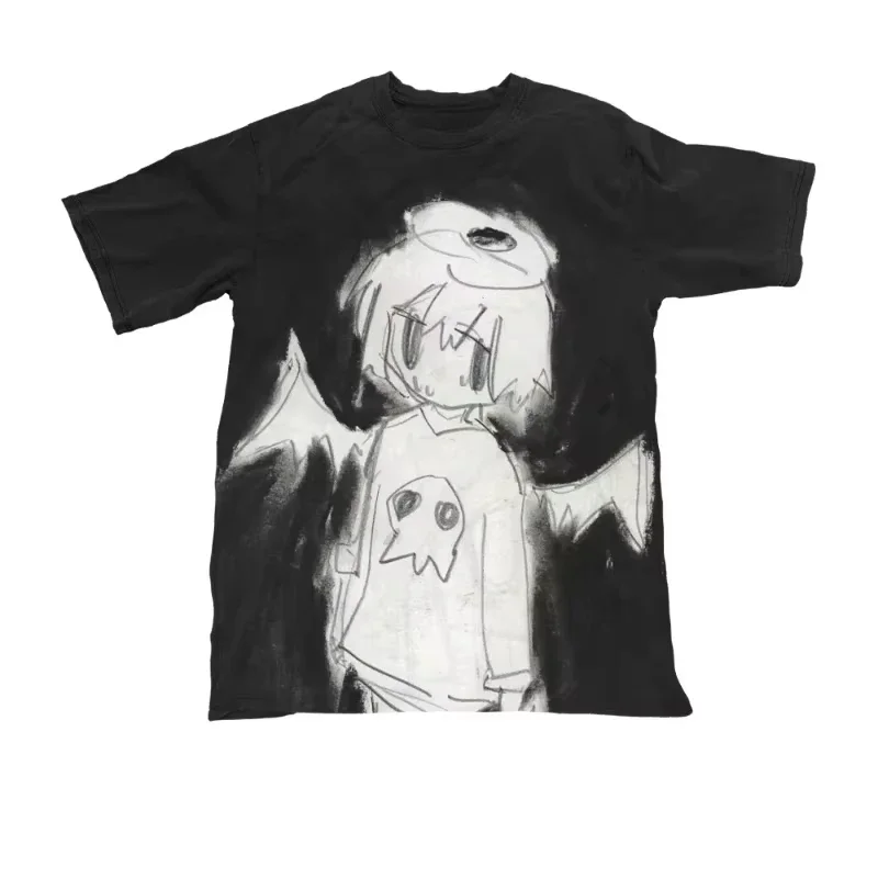 Y2K Weirdcore Anime Sketch Graphic T-shirt Unisex Grunge Angel Demon Dark Alt Emo Aesthetic Black Short Sleeve Streetwear