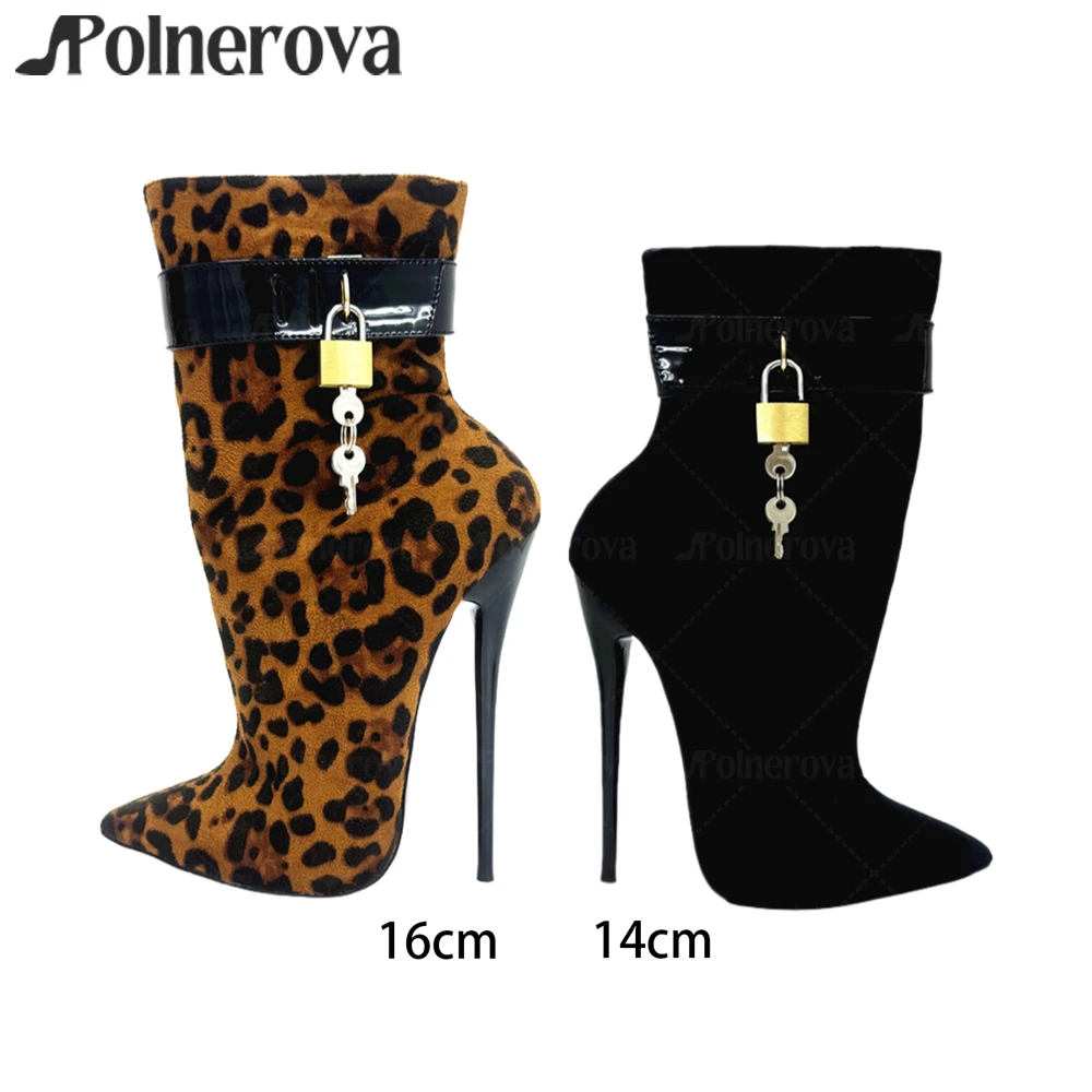 

Suede Gold Lock Lacquered Heel Booties Sexy Style Leopard Print Pointed Toe Stiletto Boots Ultimate High Heel Buckle Ankle Boots